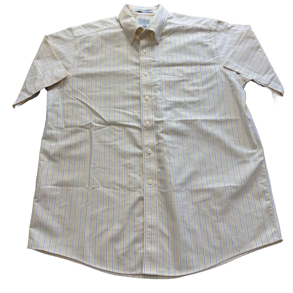 LL Bean Mens 16.5 Reg Striped Button Down Shirt Short Sleeve Cotton Yellow